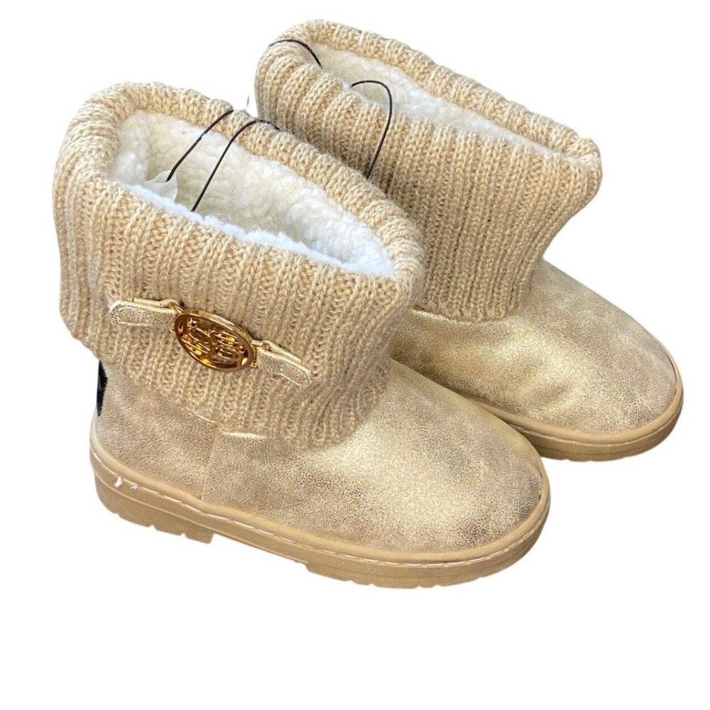 Bebe Girls Gold Shimmer Sweater Cuff Boots Metallic Faux Shearling Size 9 NEW